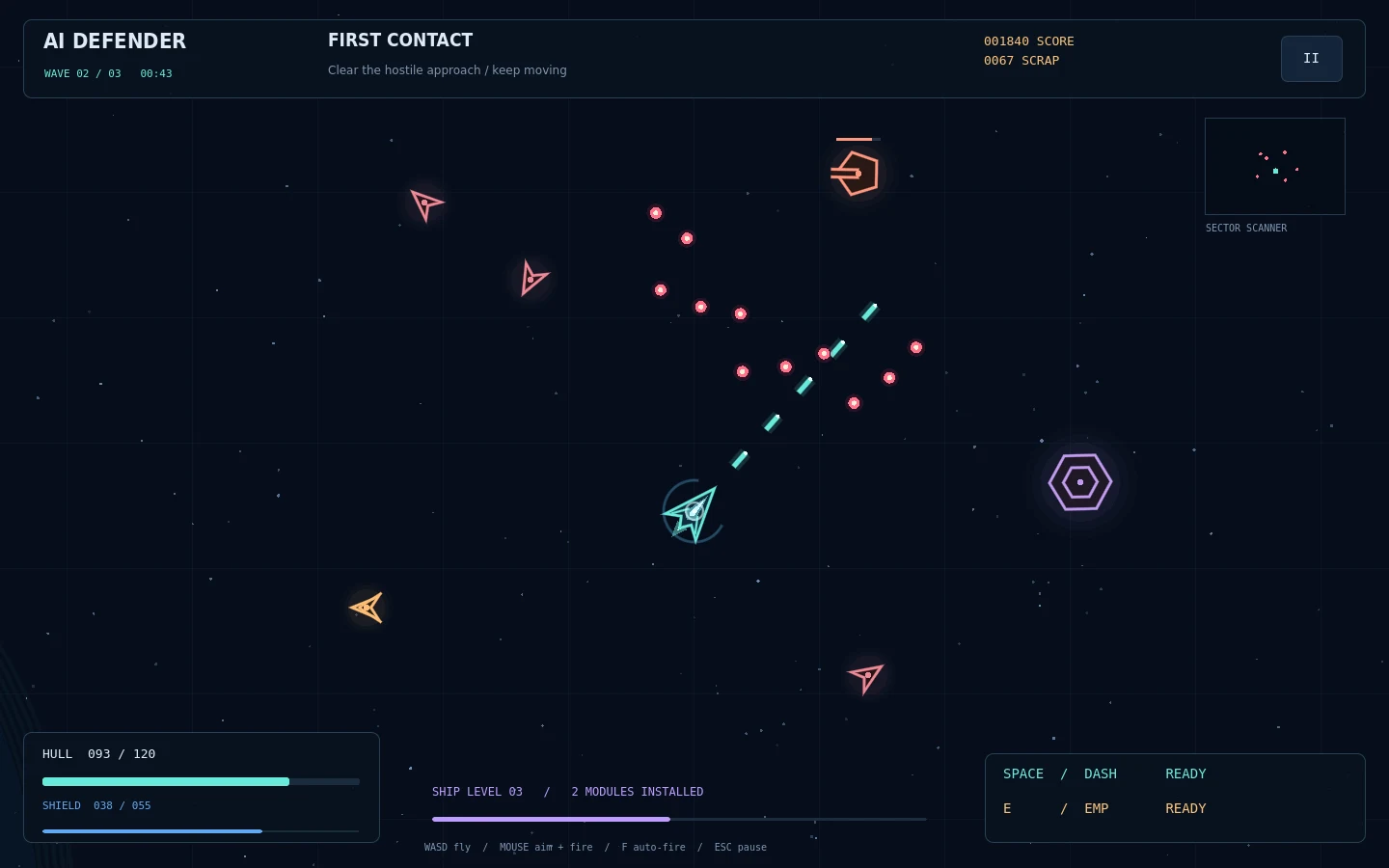 AI Defender development capture: the player's turquoise ship dodges enemy fire in a neon space arena.