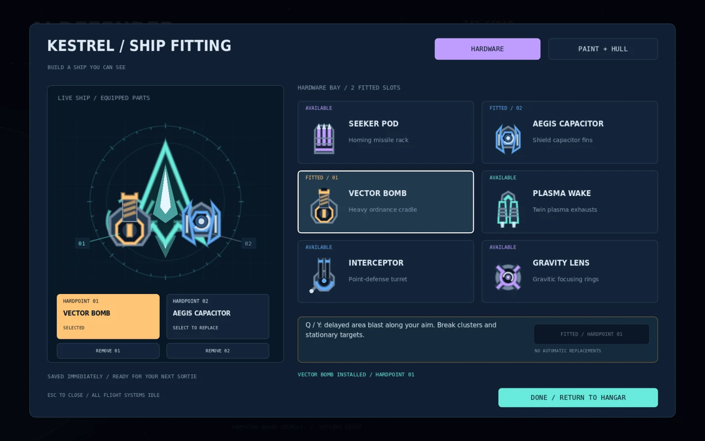 AI Defender ship-fitting interface showing a Kestrel ship with visible bomb and shield modules, alongside six available hardware types.